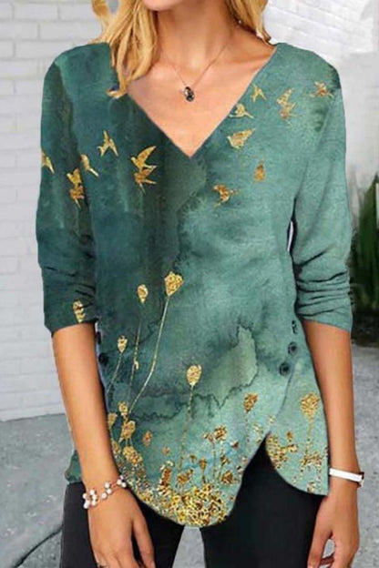 Attractive V-Neck Green Print Top