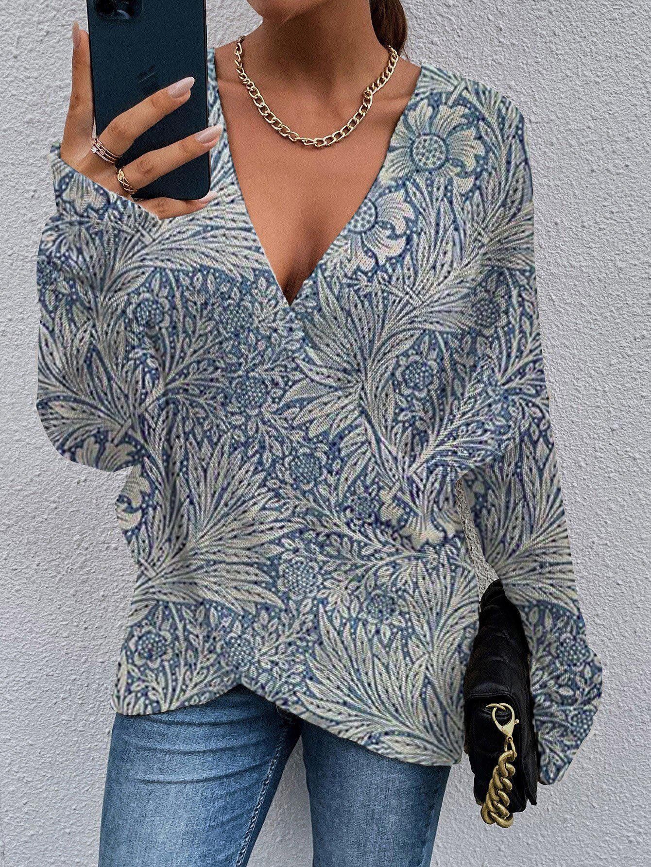 Chic Long Sleeve Blue Print V-Neck Top