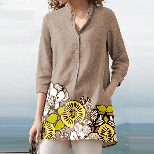 Casual Brown 3/4 Sleeve Floral Print Top