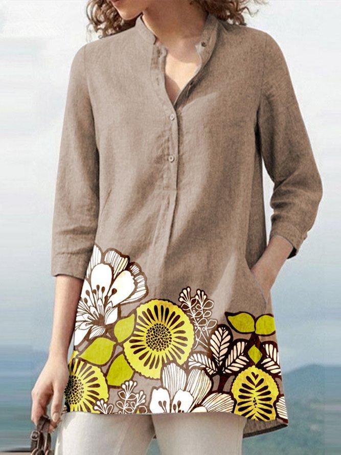 Casual Brown 3/4 Sleeve Floral Print Top