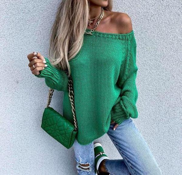 Baggy Green Plain Long Sleeve Sweater